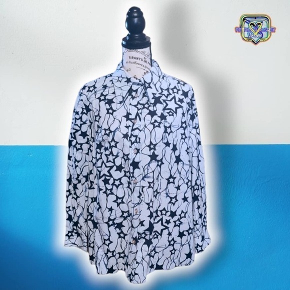 Vintage 70s Funky Blue Star Collared Button Up Shirt, Large - Picture 4 of 8